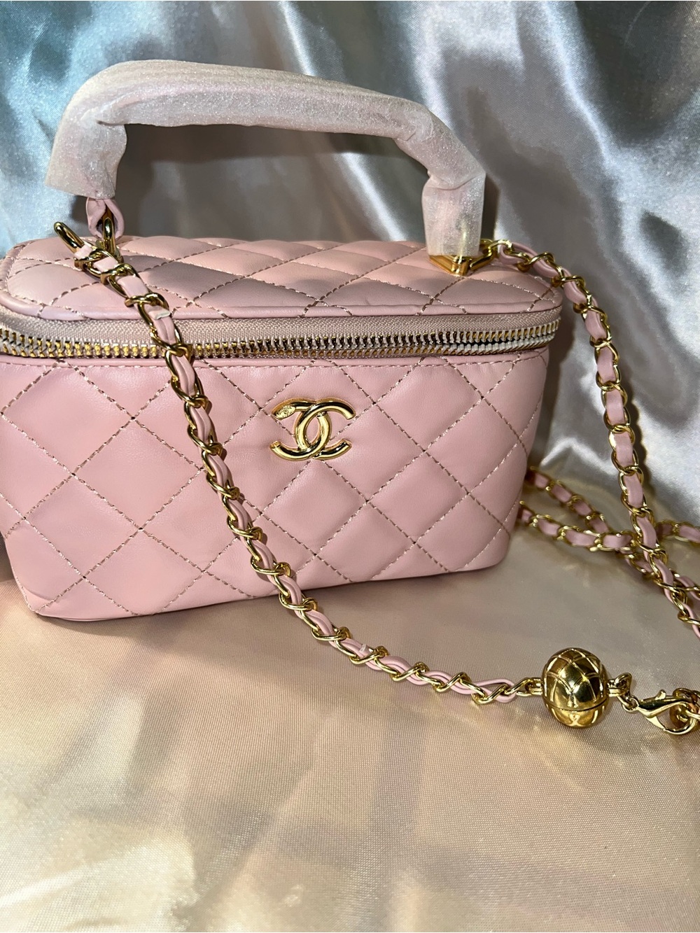 Pink Quilted Mini Vanity Bag with Gold Chain